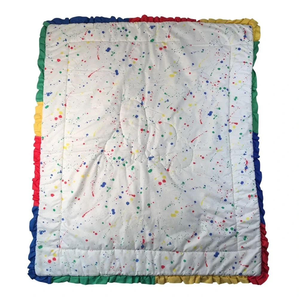 Vtg Baby Quilt 37x45 Blanket White Paint Splatter Balloon Applique Ruffle Trim
